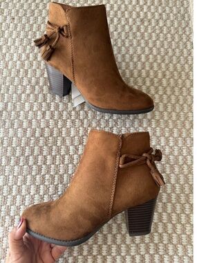 Soda Cognac Suede Ankle Booties with Tassel Detail